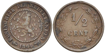 НИДЕРЛАНДЫ 1/2 ЦЕНТА 1894 ВИЛЬГЕЛЬМИНА I (1891-1948) KM 109 бронза 4547-1235