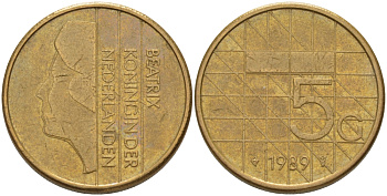 Нидерланды 5 гульденов 1989 Беатрикс (1980-2013) KM 210 никель плакированный бронзой 28-725