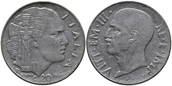 ИТАЛИЯ 20 ЧЕНТЕЗИМО 1940 R, ВИКТОР ИМАНУИЛ, XIX ГОД KM 75b нержавеющая сталь 98-713