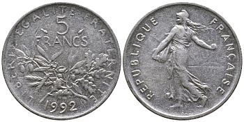 ФРАНЦИЯ 5 ФРАНКОВ 1992 СЕЯТЕЛЬ KM 925а.1, LE FRANC 341.25 медно-никель плакированный никелем 36-224