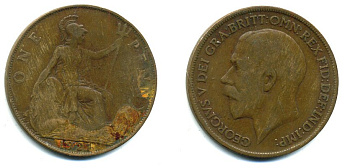 Великобритания 1 пенни 1921 Георг V (1910-1936) KM 810, Spink 4051 бронза 41-514