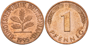 ФРГ 1 пфенниг 1995 D KM 105, J. 380 сталь плакированная медью    4598-716