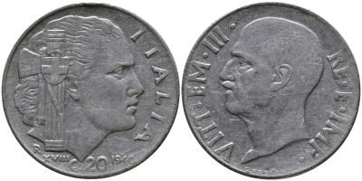 ИТАЛИЯ 20 ЧЕНТЕЗИМО 1940 R, ВИКТОР ИМАНУИЛ, XIX ГОД KM 75b нержавеющая сталь 98-713