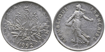 ФРАНЦИЯ 5 ФРАНКОВ 1992 СЕЯТЕЛЬ KM 925а.1, LE FRANC 341.25 медно-никель плакированный никелем 36-224
