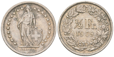 Швейцария 1/2 франка 1969 B KM 23a медно-никель 4549-1244