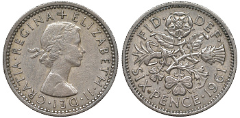 Великобритания 6 пенсов 1961 Елизавета II (1952-2022) KM 903, Spink 4149 медно-никель 4122-623