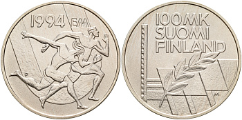 Финляндия 100 марок 1994 стадион дружбы, бег KM 78 серебро UNC 1066-5-13
