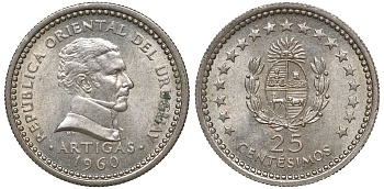 Уругвай 25 сентесимо 1960 KM 40 медно-никель 4169-1031