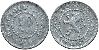БЕЛЬГИЯ 10 САНТИМОВ 1916 НЕМЕЦКАЯ ОККУПАЦИЯ BELGIQUE BELGIE KM 81 цинк 86-847