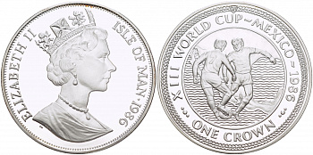 Остров Мэн 1 крона 1986 чемпионат мира по футболу 1986 года в Мексике, карта и два игрока КМ 160b серебро PROOF 1078-10-63