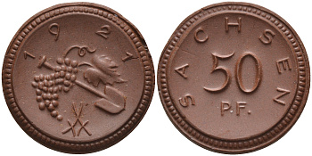 Саксония 50 пфеннигов 1921 виноград и лопата J. N 54 фарфор 1094-5-31