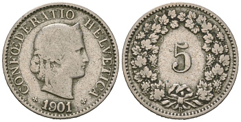 Швейцария 5 раппенов 1901 B KM 26 медно-никель 39-141