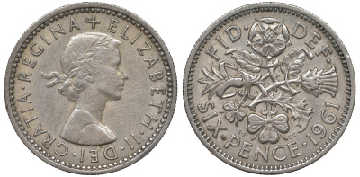Великобритания 6 пенсов 1961 Елизавета II (1952-2022) KM 903, Spink 4149 медно-никель 4122-623