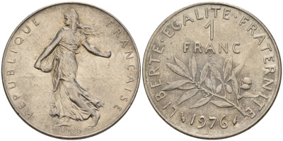 Франция 1 франк 1976 сеятель KM 925.1 никель    4153-445