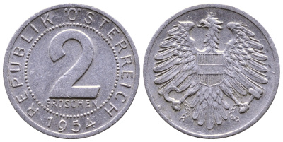 АВСТРИЯ 2 ГРОША 1954 КМ 2876 алюминий 35-123