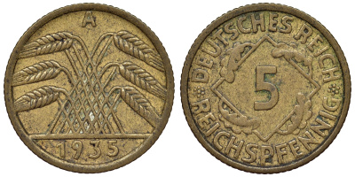 Германия 5 рейхспфеннигов 1935 A KM 39, J. 316 алюминиевая бронза 4124-262