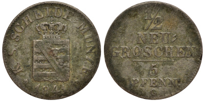 Саксония 1/2 новых гроша - 5 пфеннигов 1841 Фридрих Август II (1797-1854) KM 1158, J. 81 серебро 75-115