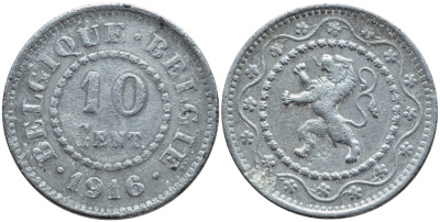 БЕЛЬГИЯ 10 САНТИМОВ 1916 НЕМЕЦКАЯ ОККУПАЦИЯ BELGIQUE BELGIE KM 81 цинк 86-847