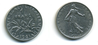 ФРАНЦИЯ 1 ФРАНК 1961 СЕЯТЕЛЬ KM 925.1 никель 57-1323