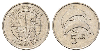 Исландия 5 крон 1981 дельфины KM 28 медно-никель 4591-847