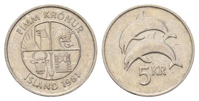 Исландия 5 крон 1981 дельфины KM 28 медно-никель 4591-847