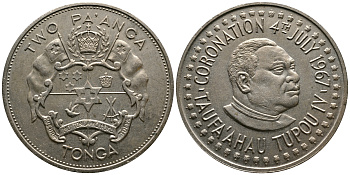Тонга 2 паанга 1967 4 июля 1967 коронация Тауфа’ахау Тупоу IV KM 19 медно-никель 272-523