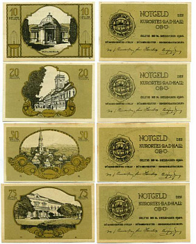 Австрия, Бад-Халль набор из 4 банкнот 10, 20, 50, 75  геллеров 1920 31 декабря 1920, нотгельд, земля Верхняя Австрия   бумага  UNC (пресс) 7555-22-1-2
