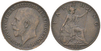 Великобритания 1 фартинг 1915 Георг V (1910-1936) KM 808.1, Spink 4059 бронза 4617-854