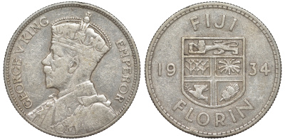 Фиджи 1 флорин 1934 Георг V (1910-1936), герб Фиджи KM 5 серебро    91-1143