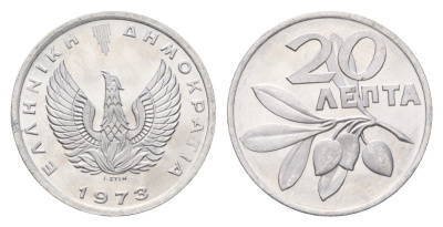 Греция 20 лепт 1973 Константин II (1964-1974), феникс в огне, оливковая ветвь KM 105 алюминий UNC 4668-1253