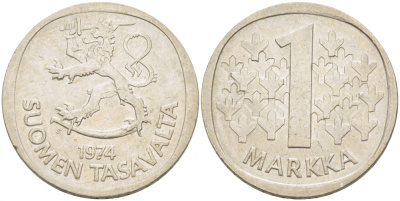 ФИНЛЯНДИЯ 1 МАРКА 1974 S KM 49а медно-никель 3718-1224