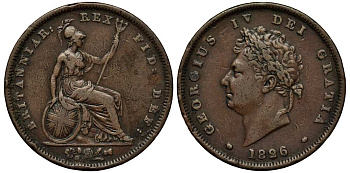 Великобритания 1 пенни 1826 Георг IV (1820-1830) KM 693, Spink 3823 медь 1518-824