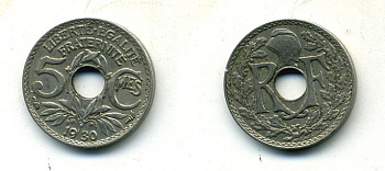 ФРАНЦИЯ 5 САНТИМОВ 1930 ТИП ЛИНДАЙЁ KM 875 медно-никель 84-324