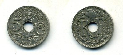 ФРАНЦИЯ 5 САНТИМОВ 1930 ТИП ЛИНДАЙЁ KM 875 медно-никель 84-324