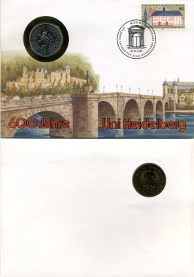 ФРГ 5 МАРОК 1986 D, 600 ЛЕТ УНИВЕРСИТЕТУ ГЕЙДЕЛЬБЕРГА, В КОНВЕРТЕ С МАРКОЙ KM 164, J. 439 медно-никель плакированный никелем плакированный никелем UNC 966-4