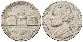 США 5 центов 1999 P, Томас Джефферсон KM A192 медно-никель aUNC 216-557