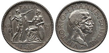 Италия 20 лир 1927 R, год VI, Виктор Эммануил III (1900-1948), проба 800 KM 69 серебро 00-821-27