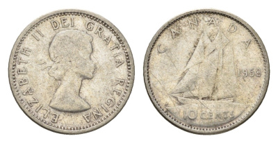 Канада 10 центов 1958 Елизавета II (1952-2022), парусник KM 51 серебро 99-768