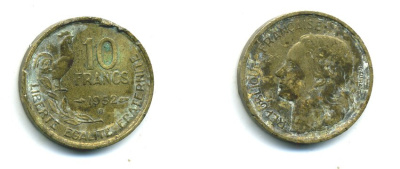 Франция 10 франков 1952 петух KM 915.1, Le Franc 363.4 алюминиевая бронза 23-1052