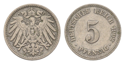 Германия 5 пфеннигов 1902 A, Вильгельм II (1888-1918) KM 11, J. 12 медно-никель 4632-1233