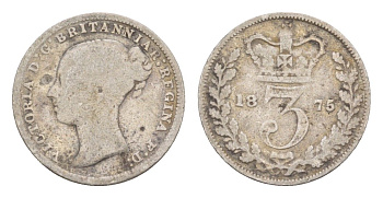 Великобритания 3 пенса 1875 Виктория (1837-1901) KM 730, Spink 3914 серебро 4658-949