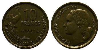 Франция 10 франков 1951 петух KM 915.1, Le Franc 363.4 алюминиевая бронза 261-745