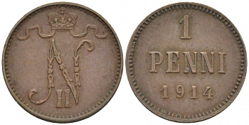 Россия для Финляндии 1 пенни 1914 Николай II (1894-1917) KM 13, Биткин 474 медь 261-1111