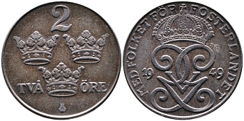 Швеция 2 эре 1949 длинная 9, Густав V (1907-1950) KM 811 железо 4388-1126