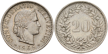 Швейцария 20 раппенов 1969 KM 29a медно-никель 4187-1145