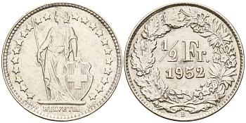 Швейцария 1/2 франка 1952 В  KM 23  серебро    4160-369