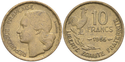 ФРАНЦИЯ 10 ФРАНКОВ 1955 KM 915.1 алюминиевая бронза 4589-712