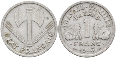 Франция 1 франк 1943 правительство Виши, тип Legere KM 902.1, Le Franc 223.3 алюминий 4116-1224