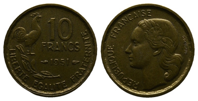 Франция 10 франков 1951 петух KM 915.1, Le Franc 363.4 алюминиевая бронза 261-745