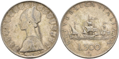 Италия 500 лир 1960 R, корабли Колумба, королева Изабелла KM 98 серебро 4593-1113